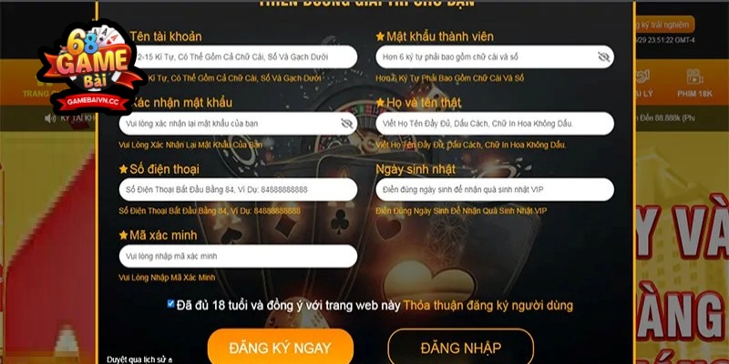 Người chơi cần điền thông tin đầy đủ và chính xác khi đăng ký tài khoản Game bài đổi thưởng